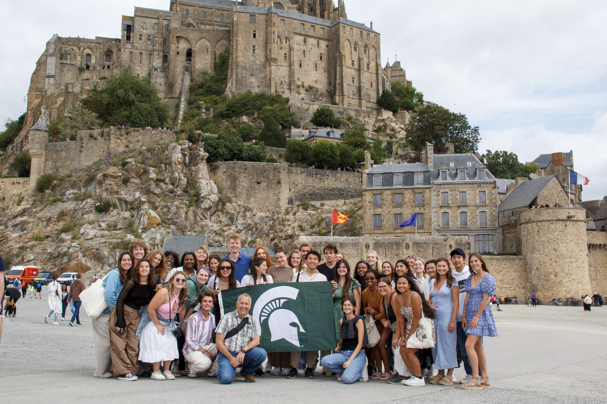 Group of students posing in Normandy, France