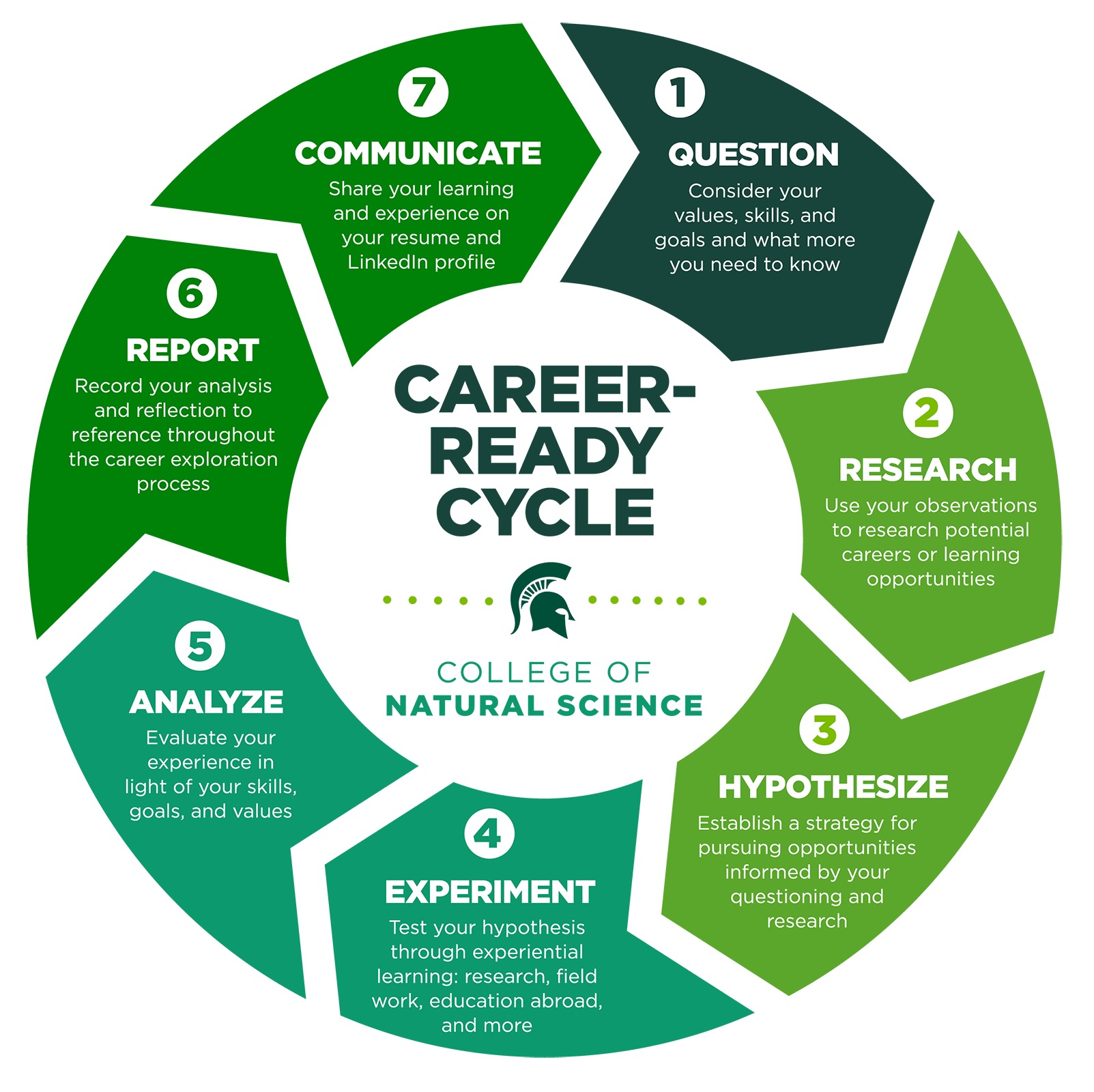 A circular diagram depicting the career-ready cycle. It shows a circular cycle from step 1 through 7 and back to 1.